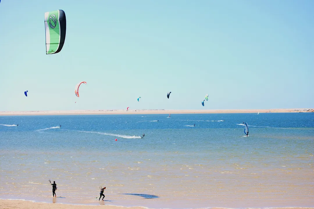 Kites laid out on the beach at the Dakhla lagoon